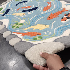 5x8 Hand Tufted Wool Area Rug – Blue Fish Pond Designer Carpet for Living Room & Bedroom