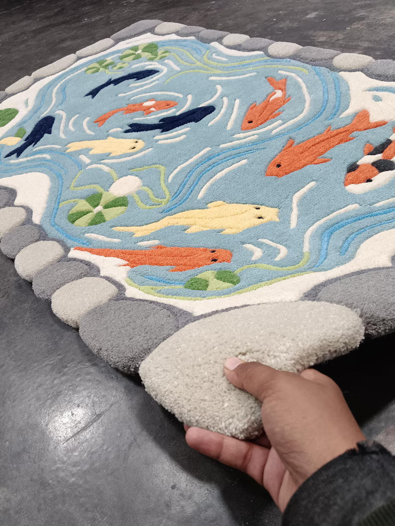 5x8 Hand Tufted Wool Area Rug – Blue Fish Pond Designer Carpet for Living Room & Bedroom