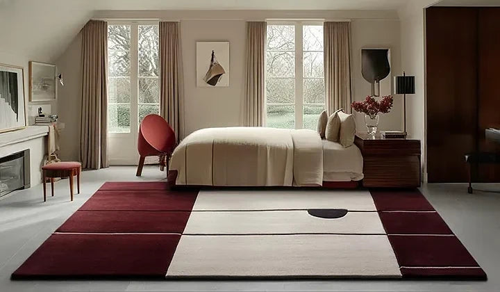 Hand Tufted Premium Color-Block Wool Carpet | Modern Burgundy & Cream Area Rug for Living Room & Bedroom