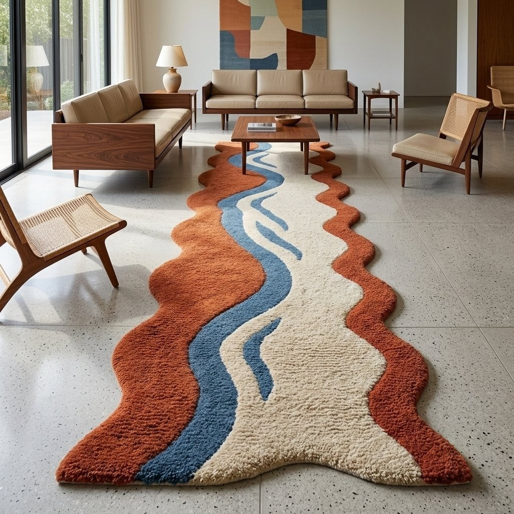 Hand Tufted Abstract Runner Rug – Terracotta Blue & Cream Wavy Area Rug, Modern Organic Shaped Hallway Carpet