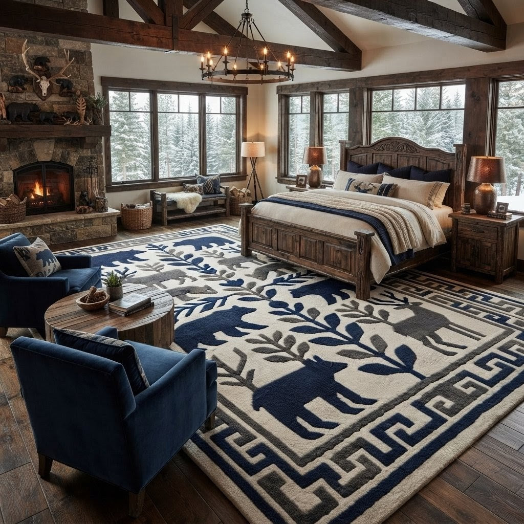 Wildlife Hand Tufted Rug – Bear & Deer Forest Wool Area Rug, Scandinavian Folk Art Rug, Rustic Cabin Decor