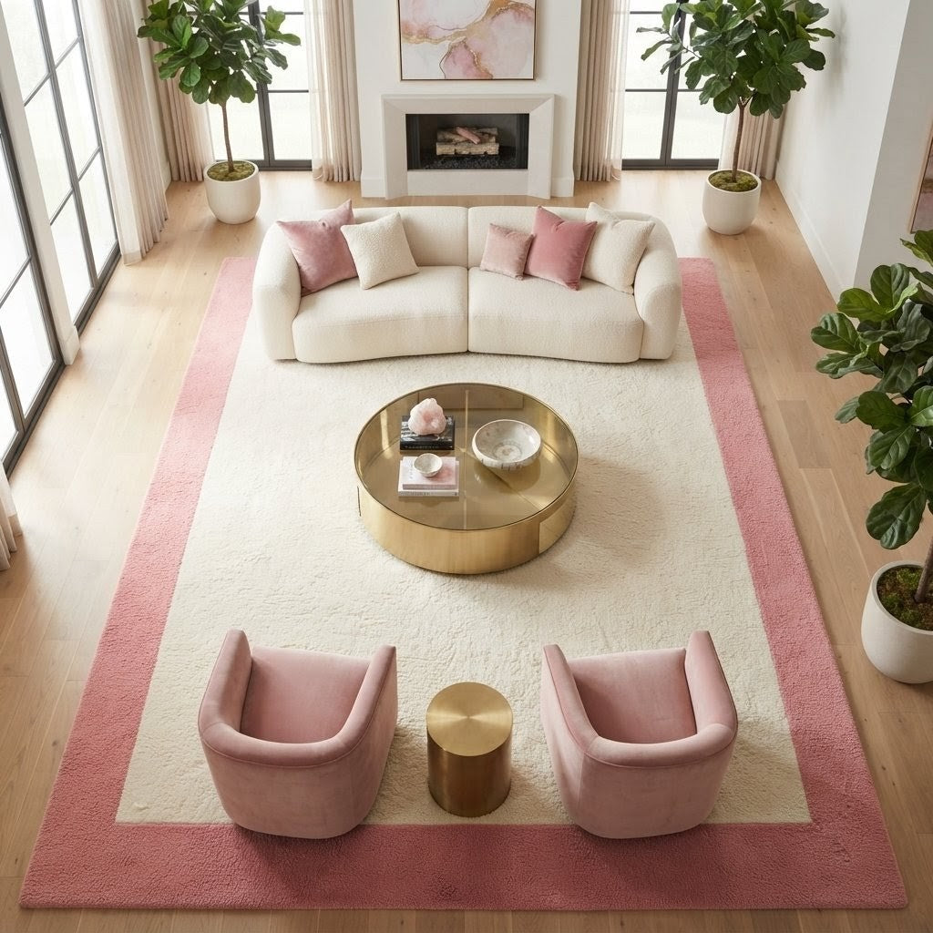 Blush Pink & Ivory Border Area Rug – Hand-Tufted Modern Wool Rug