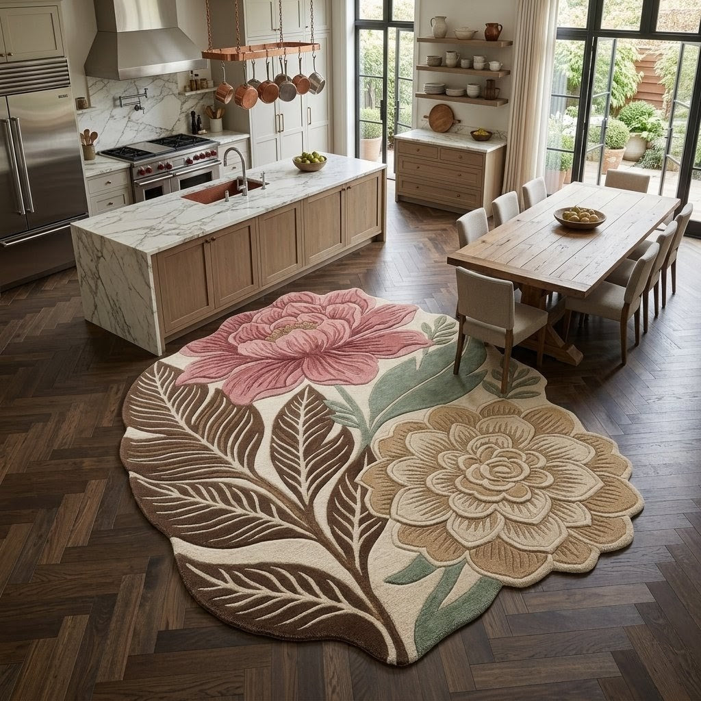 Hand Tufted Floral Area Rug – Pink & Sage Botanical Flower Rug, Vintage Boho Leaf Carpet for Living Room & Bedroom