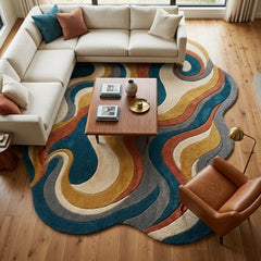 Abstract Wavy Rug, Hand Tufted Wool Rug, Colorful Irregular Shape Carpet, Psychedelic Retro Rug, Modern Living Room Decor