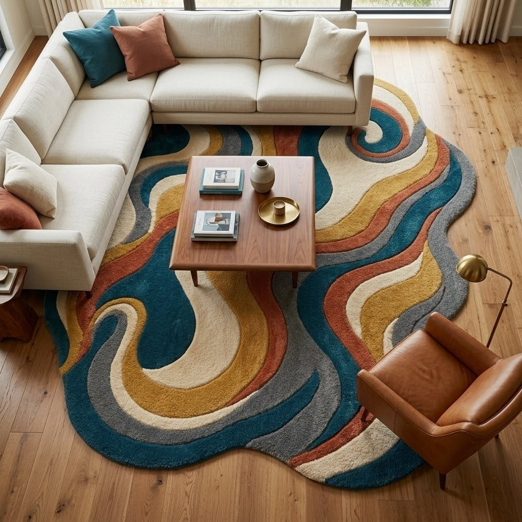Abstract Wavy Rug, Hand Tufted Wool Rug, Colorful Irregular Shape Carpet, Psychedelic Retro Rug, Modern Living Room Decor
