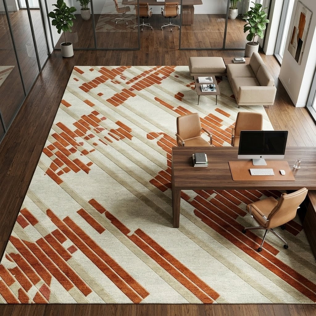 Modern Abstract Terracotta Rug – Cream & Rust Geometric Area Rug, Contemporary Handmade Rug for Living Room & Bedroom