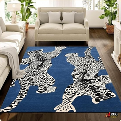 5x8 Blue & White Leopard Wool Area Rug | Hand Tufted New Zealand Wool Animal Carpet | Modern Luxury Living Room, Bedroom & Contemporary Home Decor