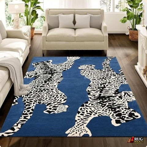 5x8 Blue & White Leopard Wool Area Rug | Hand Tufted New Zealand Wool Animal Carpet | Modern Luxury Living Room, Bedroom & Contemporary Home Decor