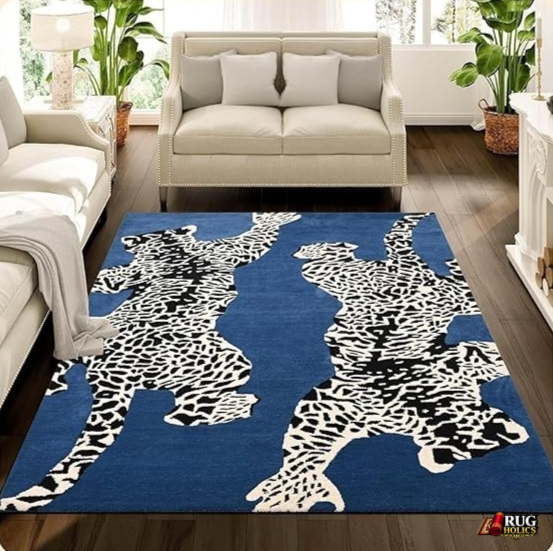 5x8 Blue & White Leopard Wool Area Rug | Hand Tufted New Zealand Wool Animal Carpet | Modern Luxury Living Room, Bedroom & Contemporary Home Decor