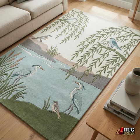 Hand Tufted New Zealand Wool Area Rug with Elegant Bird & Nature Art Design for Living Room & Bedroom Home Décor