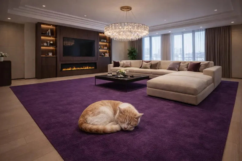Plush Aubergine Shag Rug, Deep Purple Velvet, Modern Living Room Decor