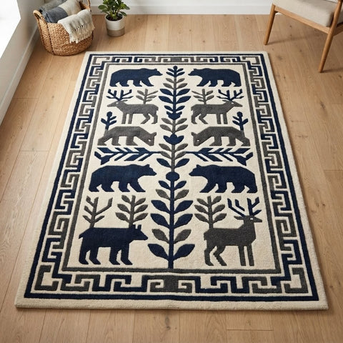 Wildlife Hand Tufted Rug – Bear & Deer Forest Wool Area Rug, Scandinavian Folk Art Rug, Rustic Cabin Decor