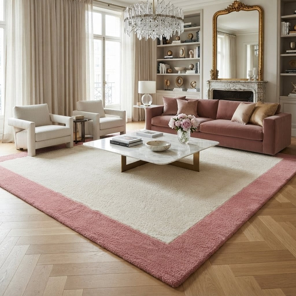 Blush Pink & Ivory Border Area Rug – Hand-Tufted Modern Wool Rug