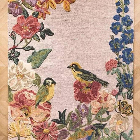 Premium Hand Tufted Floral Bird Wool Carpet | Luxury Botanical Area Rug for Living Room & Bedroom Home Décor