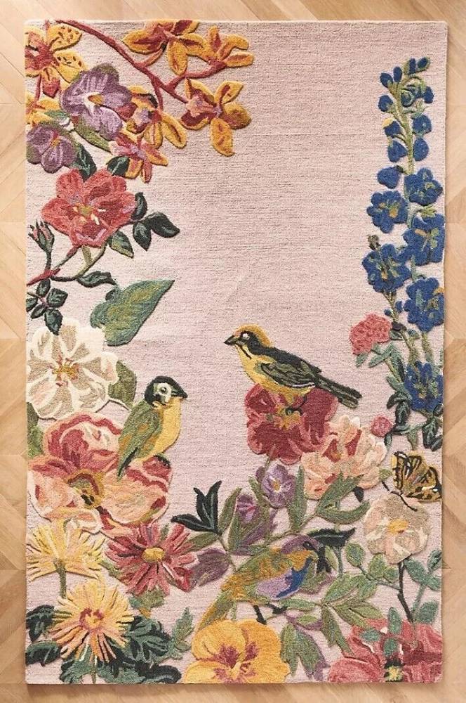 Premium Hand Tufted Floral Bird Wool Carpet | Luxury Botanical Area Rug for Living Room & Bedroom Home Décor