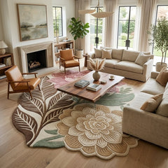 Hand Tufted Floral Area Rug – Pink & Sage Botanical Flower Rug, Vintage Boho Leaf Carpet for Living Room & Bedroom