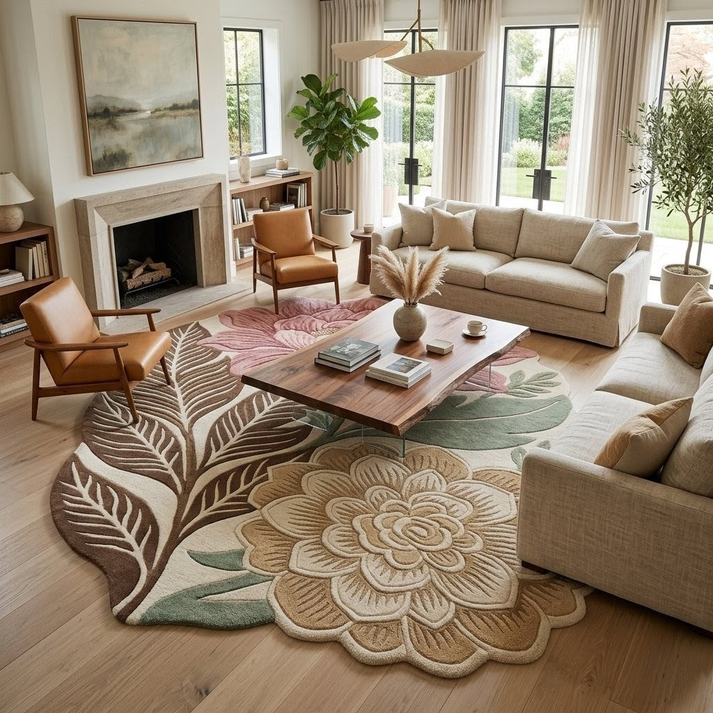 Hand Tufted Floral Area Rug – Pink & Sage Botanical Flower Rug, Vintage Boho Leaf Carpet for Living Room & Bedroom