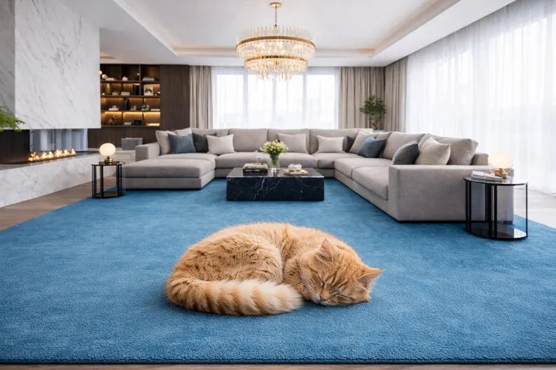 Modern Solid Blue Hand Tufted Rug | Luxury Plush Area Carpet for Living Room, Bedroom & Contemporary Home Interiors