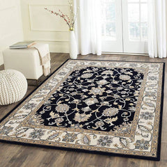 Premium Hand Tufted Floral Wool Carpet – Black & Beige Luxury Area Rug for Home Décor, Living Room & Bedroom