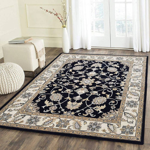 Premium Hand Tufted Floral Wool Carpet – Black & Beige Luxury Area Rug for Home Décor, Living Room & Bedroom