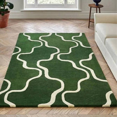 Modern Green & White Abstract Wool Area Rug – Home Décor Carpet for Living Room & Bedroom