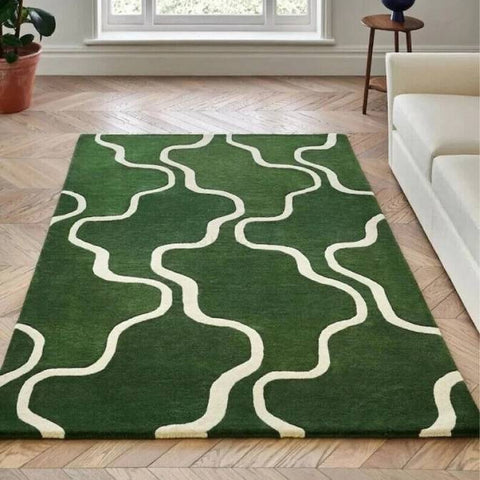 Modern Green & White Abstract Wool Area Rug – Home Décor Carpet for Living Room & Bedroom