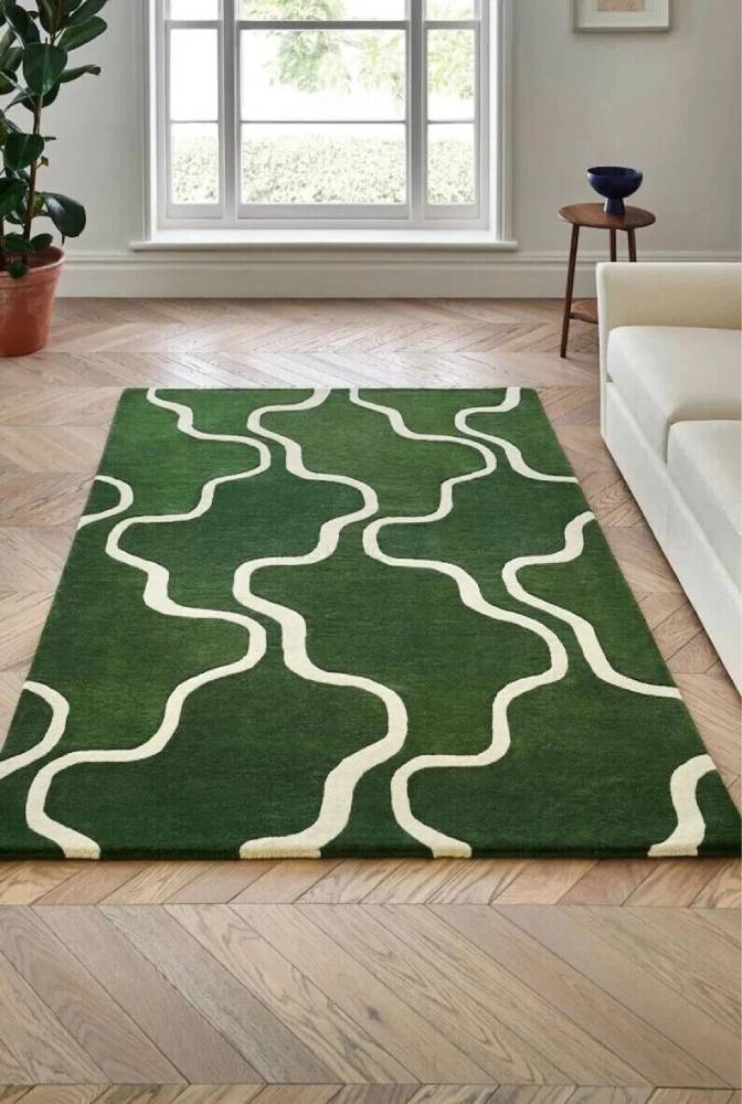 Modern Green & White Abstract Wool Area Rug – Home Décor Carpet for Living Room & Bedroom