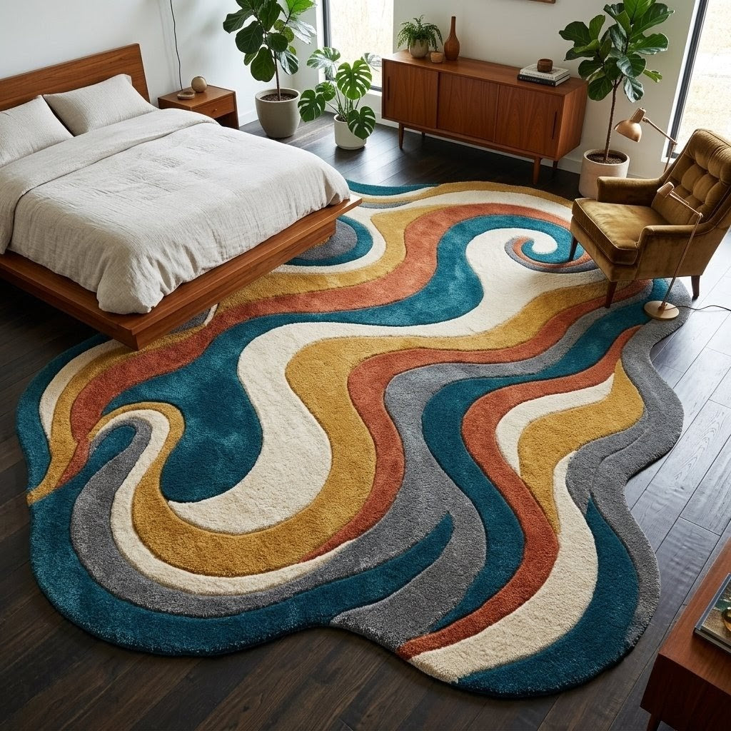 Abstract Wavy Rug, Hand Tufted Wool Rug, Colorful Irregular Shape Carpet, Psychedelic Retro Rug, Modern Living Room Decor