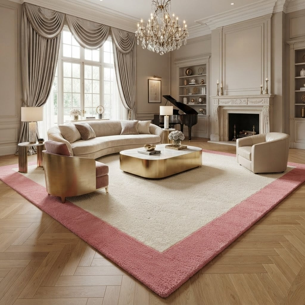 Blush Pink & Ivory Border Area Rug – Hand-Tufted Modern Wool Rug
