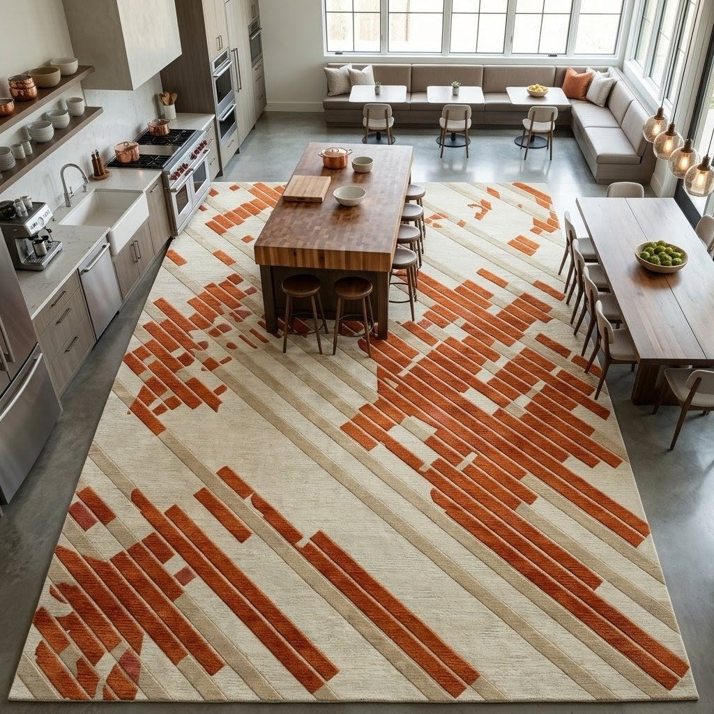 Modern Abstract Terracotta Rug – Cream & Rust Geometric Area Rug, Contemporary Handmade Rug for Living Room & Bedroom
