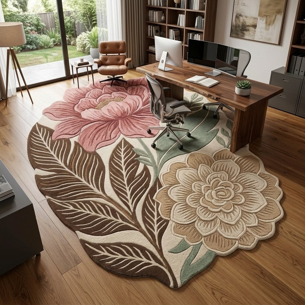 Hand Tufted Floral Area Rug – Pink & Sage Botanical Flower Rug, Vintage Boho Leaf Carpet for Living Room & Bedroom