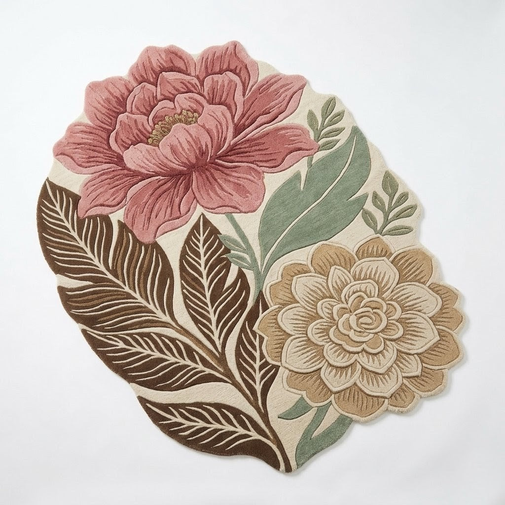 Hand Tufted Floral Area Rug – Pink & Sage Botanical Flower Rug, Vintage Boho Leaf Carpet for Living Room & Bedroom