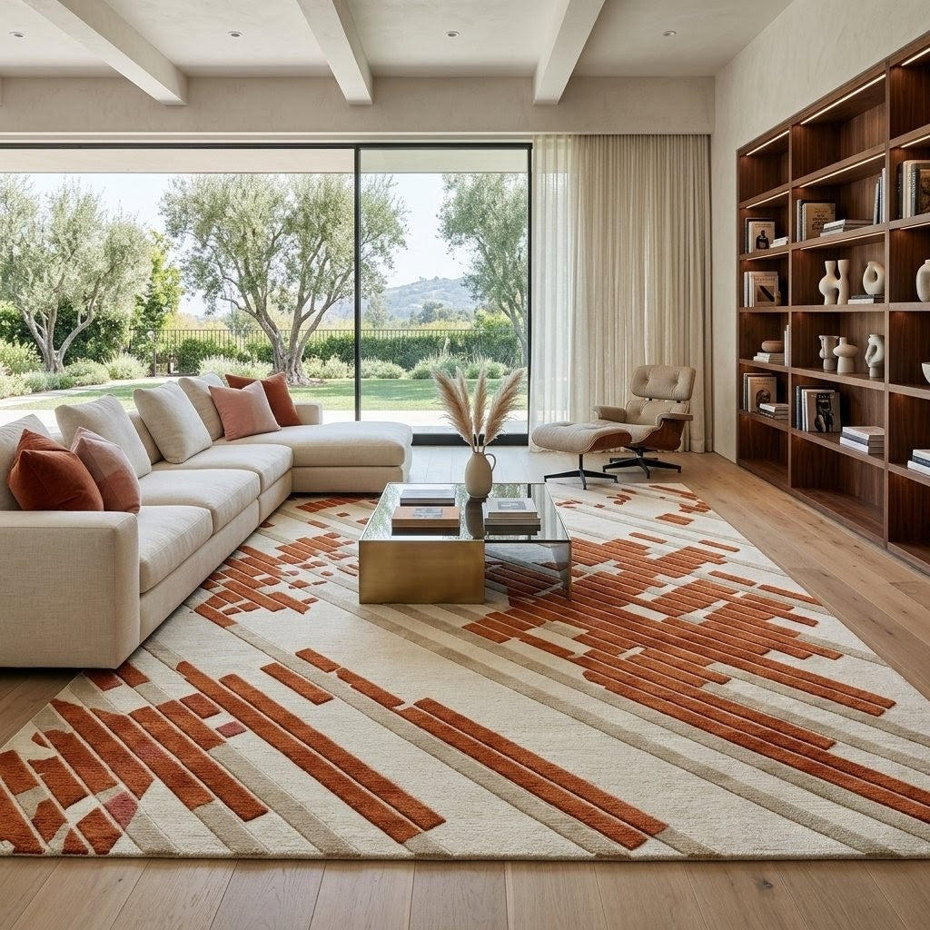 Modern Abstract Terracotta Rug – Cream & Rust Geometric Area Rug, Contemporary Handmade Rug for Living Room & Bedroom
