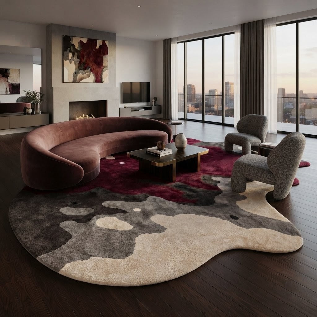 Burgundy Abstract Irregular Rug | Hand Tufted Wool Area Rug