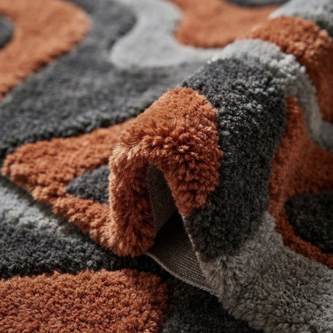Modern Abstract Wave Rug – Rust Orange, Charcoal & Grey Hand Tufted Wool Area Rug