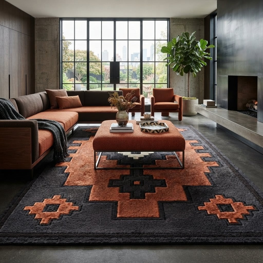 Rust Orange Southwestern Geometric Area Rug | Handmade Wool Rug