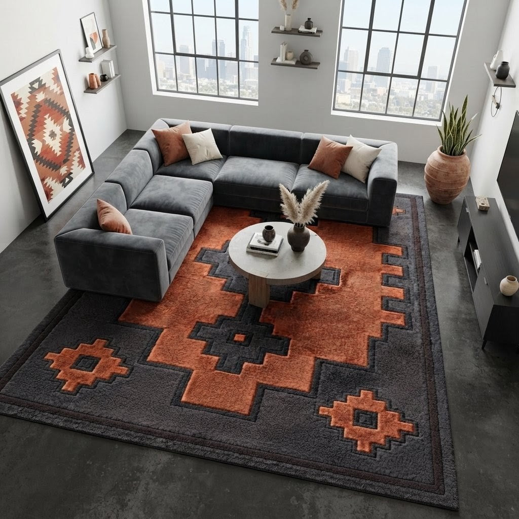 Rust Orange Southwestern Geometric Area Rug | Handmade Wool Rug