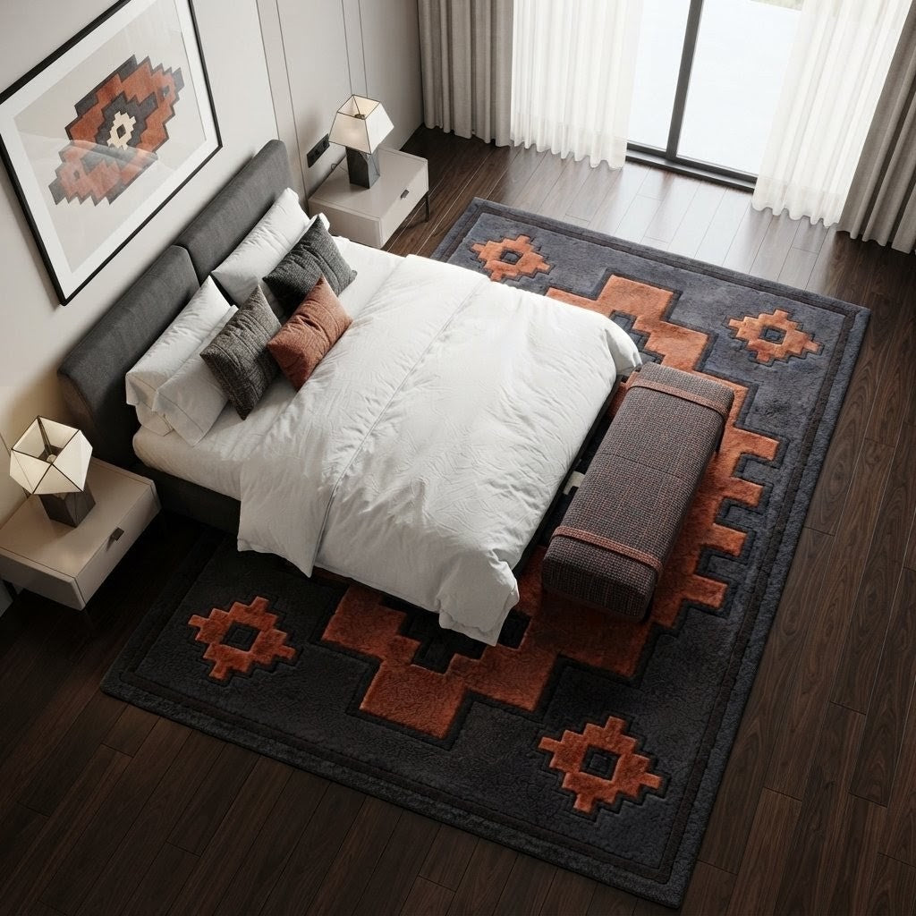 Rust Orange Southwestern Geometric Area Rug | Handmade Wool Rug