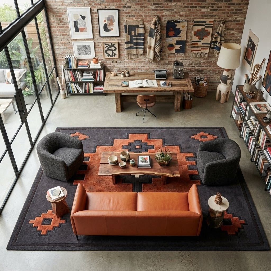 Rust Orange Southwestern Geometric Area Rug | Handmade Wool Rug