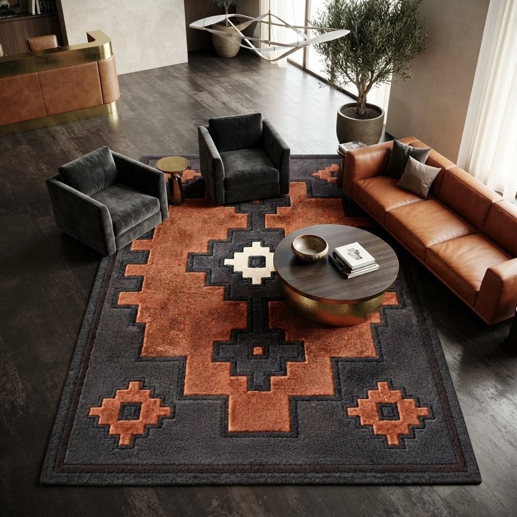 Rust Orange Southwestern Geometric Area Rug | Handmade Wool Rug