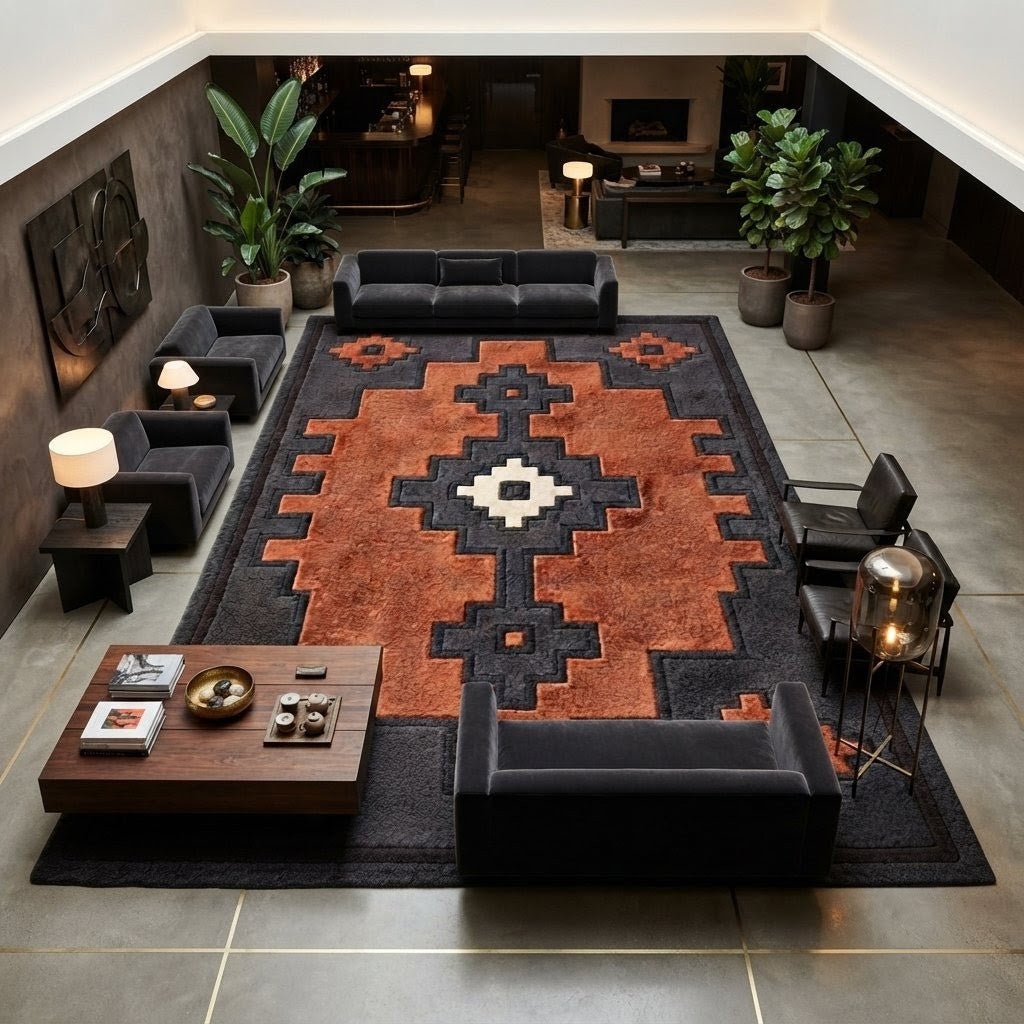 Rust Orange Southwestern Geometric Area Rug | Handmade Wool Rug
