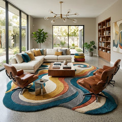 Abstract Wavy Rug, Hand Tufted Wool Rug, Colorful Irregular Shape Carpet, Psychedelic Retro Rug, Modern Living Room Decor