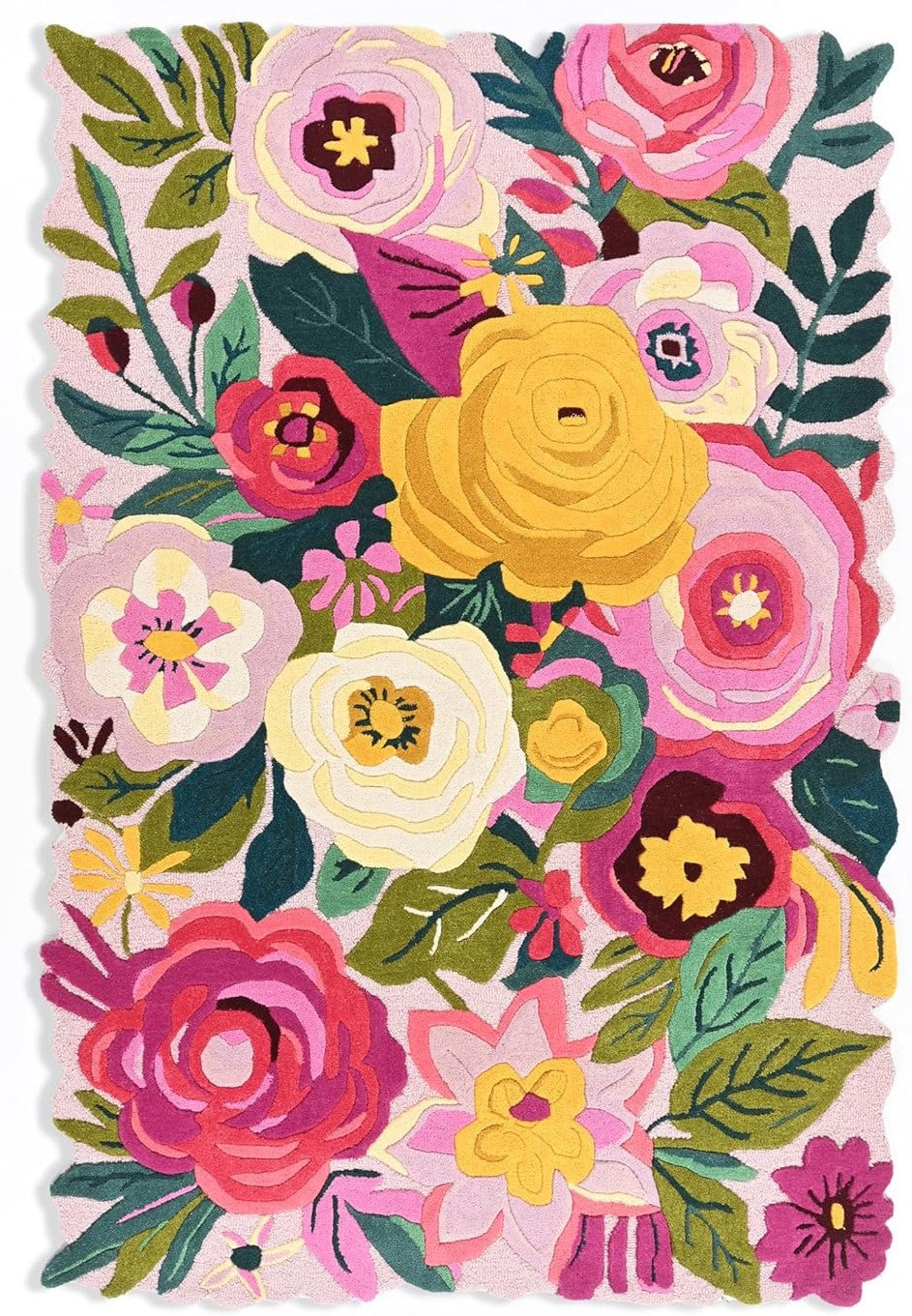 Pink Floral Irregular Rug, Hand Tufted Plush Botanical Carpet, Maximalist Home Decor
