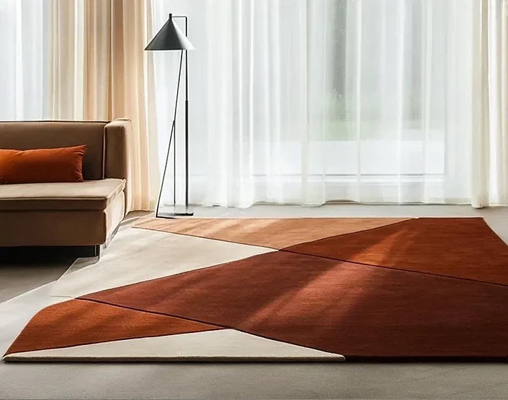 Modern Geometric Hand-Tufted Wool Rug | Luxury Designer Carpet in Terracotta, Rust & Cream for Living Room & Bedroom