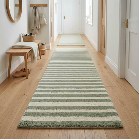 Sage Green Striped Runner Rug – Hand Tufted Wool Scandinavian Minimalist Hallway Carpet Home Decor