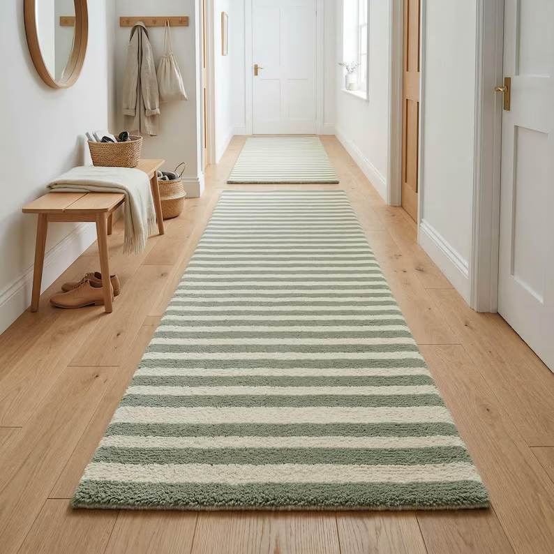 Sage Green Striped Runner Rug – Hand Tufted Wool Scandinavian Minimalist Hallway Carpet Home Decor