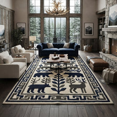 Wildlife Hand Tufted Rug – Bear & Deer Forest Wool Area Rug, Scandinavian Folk Art Rug, Rustic Cabin Decor