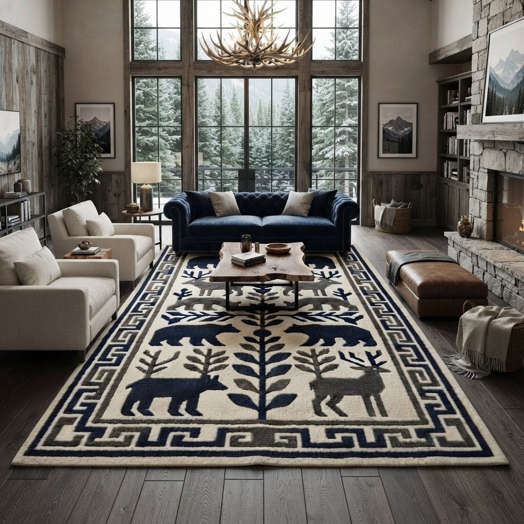 Wildlife Hand Tufted Rug – Bear & Deer Forest Wool Area Rug, Scandinavian Folk Art Rug, Rustic Cabin Decor