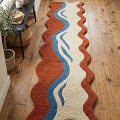 Hand Tufted Abstract Runner Rug – Terracotta Blue & Cream Wavy Area Rug, Modern Organic Shaped Hallway Carpet