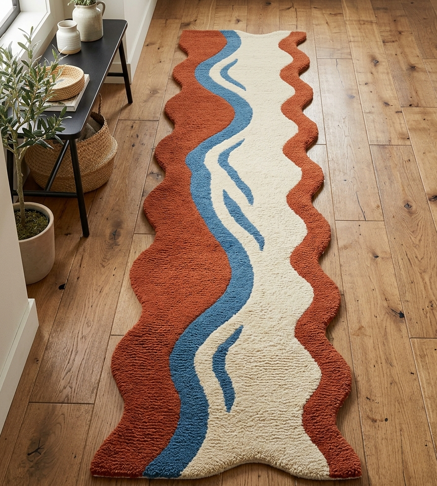 Hand Tufted Abstract Runner Rug – Terracotta Blue & Cream Wavy Area Rug, Modern Organic Shaped Hallway Carpet